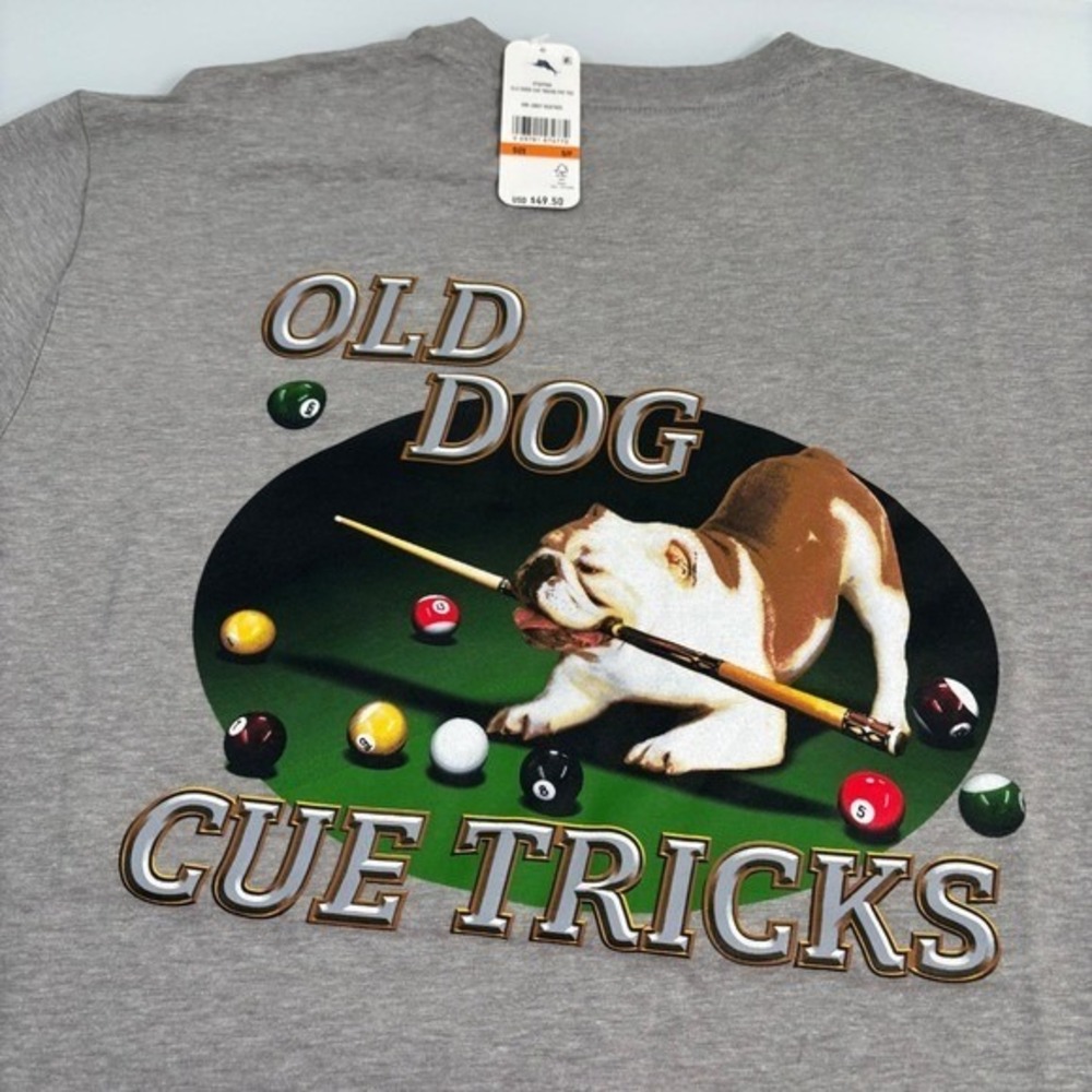 Tommy Bahama Mens S Grey T-Shirt‎ New Old Dog Cue Tricks Bulldog Graphic Tee